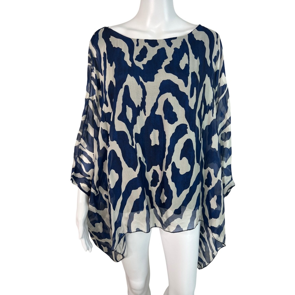 Tina Stephens Italy Silk Kaftan Top Navy Sofia Ikat Resort Luxury One Size